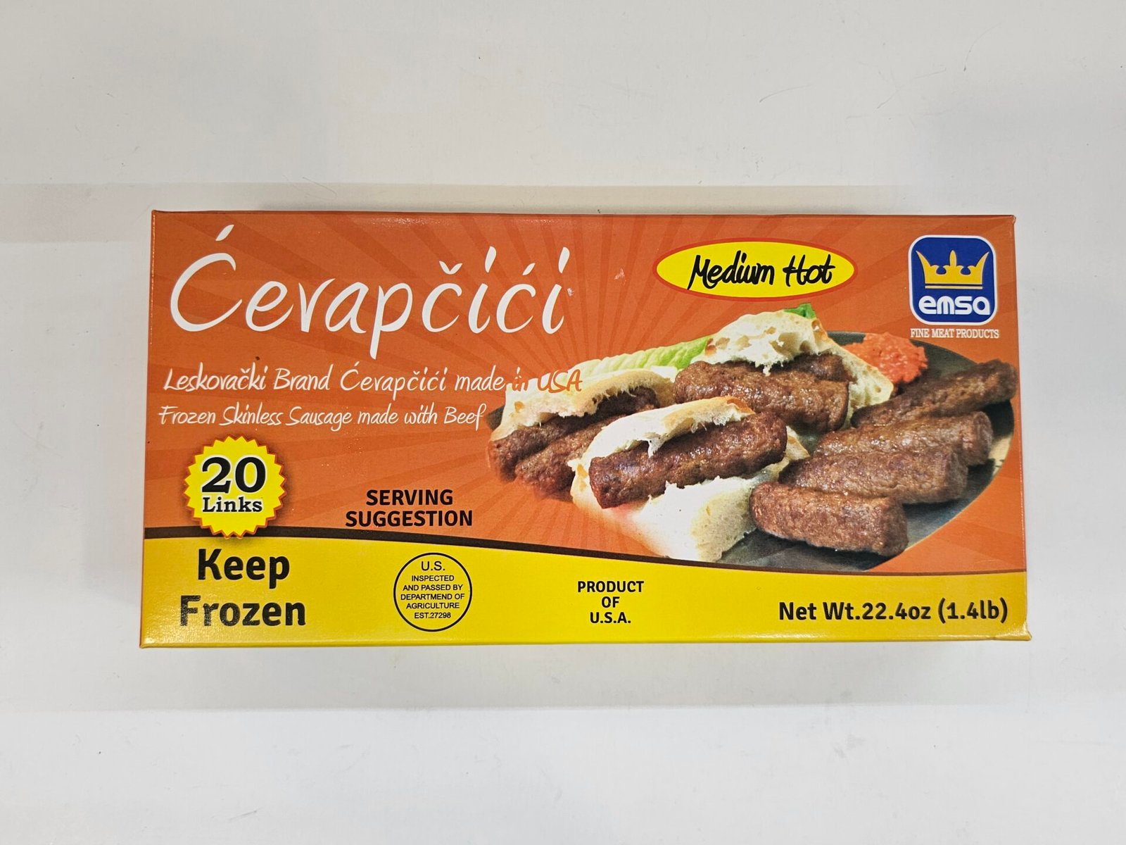 Emsa Medium Hot Frozen Skinless Sausage Made With Beef 1.4lb